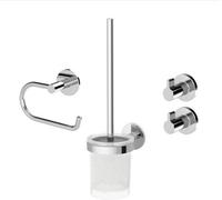 Conjunto de accesorios para baño Unyqoos® de 4 piezas, cromado: escobilla para inodoro, soporte para papel higiénico y 2 ganchos para toallas, zinc, para montaje en pared, con adhesivo (sin necesidad