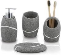 Conjunto de accesorios para baño Unyqoos® de 4 piezas: dispensador de jabón de 300 ml, soporte para cepillos de dientes, vaso y jabonera, resina, color gris