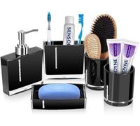 Conjunto de accesorios para baño Unyqoos® de 5 piezas, fabricado en acrílico: un dispensador de jabón, 2 vasos para cepillos de dientes, un soporte para cepillos de dientes y un jabonero, todo ello pa