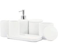 Conjunto de accesorios para baño Unyqoos® de 6 piezas, color blanco: incluye un soporte para cepillos de dientes, un dispensador de jabón, 2 dispensadores para hisopos, una bandeja para maquillaje y u