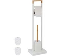 Conjunto de accesorios para el baño - Bambú - Acero inoxidable - Moderno - Soporte de papel higiénico independiente - Cepillo de inodoro con soporte - Blanco - Natural