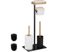Conjunto de accesorios para el baño: portarrollos, cepillo para el inodoro, soporte de repuesto para papel higiénico y estante, hechos de bambú y hierro, color , estilo natural