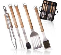 Conjunto de accesorios para parrilla de acero inoxidable de 5 piezas, con detalles en madera de acacia, ideal para hombres amantes de la parrilla