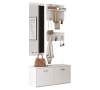 Conjunto de armario de cuatro piezas con espejo, zapatero de 90x30x41.5 cm, dos percheros de pared y seis ganchos, todo en color blanco, ideal para la entrada