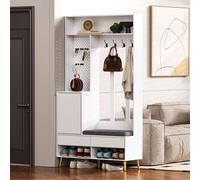 Conjunto de armario Flieks para esquinas, armario esquinero con banco y estante para zapatos, 100x35x180 cm, armario multifuncional con 4 ganchos, color blanco