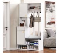 Conjunto de armario Flieks para esquinas, armario esquinero con banco y estante para zapatos, 100x35x180 cm, armario multifuncional con 4 ganchos, color blanco