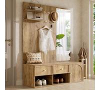 Conjunto de armario MODFU con espejo, set de armario 6 en 1, armario para recibidor con aspecto de madera, armario de pared con espacio para zapatos y almacenamiento, diseño moderno para la entrada