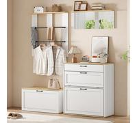Conjunto de armario MODFU, juego de armario para pasillos con perchero de pared y zapatero, conjuntos de armario con espejo y cajón, color blanco
