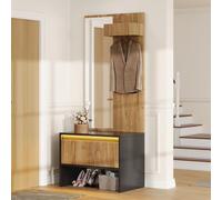 Conjunto de armario para recibidor MODFU, conjuntos de armario con espejo y zapatero, perchero con armario, ganchos y 2 cajones, muebles para recibidor de 60x38x145 cm, color y natural