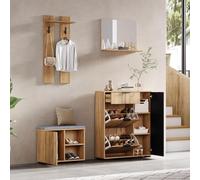 Conjunto de armario Stilvora con zapatero y armario para zapatos, armario de pared que incluye 1 espejo, 1 cajón, 2 ganchos, 4 puertas, en tonos naturales, dimensiones: 140 cm de ancho x 35 cm de prof