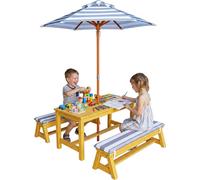 Relaxdays Set infantil mesa y bancos con parasol blanco,azul,marrón claro