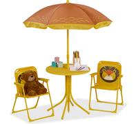 Conjunto de asientos para niños Relaxdays, con motivo de león, que incluye sillas plegables, una mesa y un parasol, ideal para el jardín, de color amarillo