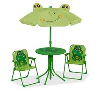 Conjunto de asientos para niños Relaxdays, con motivo de rana, que incluye sillas, una mesa y un parasol, ideal para el jardín, color verde