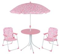 Conjunto de asientos para niños Relaxdays, con motivo de unicornio, que incluye sillas plegables, una mesa y un parasol, ideal para jardín, en color rosa
