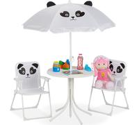 Conjunto de asientos para niños Relaxdays, diseño de panda, que incluye sillas plegables, una mesa y un parasol, ideal para el jardín, color blanco