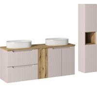 Conjunto de baño de 140 cm, combinación de cachemira y roble, con 2 lavabos, modelo Beyond
