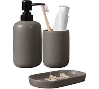 Conjunto de baño de cerámica Unyqoos® de 3 piezas: diseño en tonos topo que imita la piedra, dispensador de jabón compacto de 440 ml, vaso para cepillos de dientes de 300 ml y recipiente de almacenami