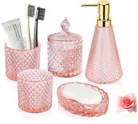 Conjunto de baño de vidrio Unyqoos® de 5 piezas: dispensador de jabón rosa, soporte para cepillos de dientes, vaso, jabonera y recipiente para hisopos, vidrio grueso, cabezal de bomba de ABS