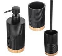 Conjunto de baño: juego de 3 piezas que incluye un cepillo de inodoro con soporte, un dispensador de jabón y un vaso para el cepillo de dientes. Color negro con detalles de madera