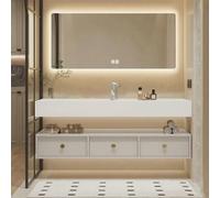 Conjunto de baño que incluye: lavabo de sinterizado termoformado, espejo con iluminación LED, mueble con cajones y sistema de desagüe, mueble de pared de 120x55 cm. [R255]