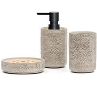 Conjunto de baño retro de tres piezas Ibzenoa® de hormigón, color gris con diseño en relieve: dispensador de jabón recargable, jabonera y soporte para cepillos de dientes, con detalles en bambú