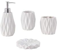 Conjunto de baño Unyqoos® de 4 piezas – Blanco: Dispensador de jabón (para jabón/loción), soporte para cepillos de dientes, jabonera y recipiente para cosméticos/hisopos, fabricado en resina, con supe