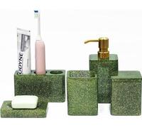 Conjunto de baño Unyqoos® de 5 piezas: dispensador de jabón, jabonera, soporte para cepillos de dientes, recipiente para hisopos y vaso, color verde, ideal para mudanzas y Navidad