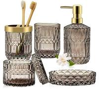Conjunto de baño Unyqoos® de 5 piezas, fabricado en vidrio grueso con un diseño vintage y superficie con corte de diamante, que incluye: dispensador de jabón (con bomba de ABS), vaso, jabonera, y sopo