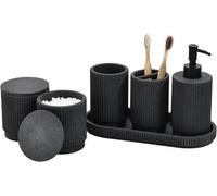 Conjunto de baño Unyqoos® de 6 piezas, fabricado en resina, que incluye dispensador de jabón, soporte para cepillos de dientes, vaso, bandeja y 2 recipientes con tapa, con un diseño moderno a rayas