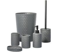 Conjunto de baño Unyqoos® de 6 piezas: un juego completo de accesorios para el baño que incluye un cubo de basura (de metal) y elementos de resina, con un diseño hexagonal mate en elegantes tonos gris
