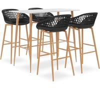 Conjunto de bar de 5 piezas con patas metálicas con aspecto de madera, que incluye una moderna mesa alta con una superficie estable de MDF y taburetes de bar con respaldo ergonómico de malla