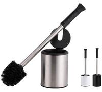 Conjunto de cepillos de inodoro Ibenzoa® Premium: limpieza higiénica para inodoros con tapa abatible, base resistente y cabezal de cepillo desmontable, cerdas de nylon, color blanco//acero inoxidable
