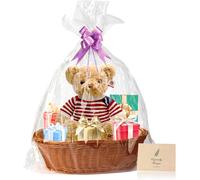 Conjunto de cesta de regalo de ratán, de 38x28x12 cm, con lazo, bolsas de celofán y tarjeta de felicitación, ideal para regalos