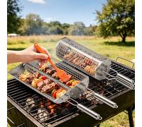 Conjunto de Cestas para Parrilla Rodante con Apertura Lateral, Utensilios de Barbacoa de Acero Inoxidable, Kit de Barbacoa con Cepillo de Silicona y Mango Extraíble, Accesorios BBQ para Asar Verduras