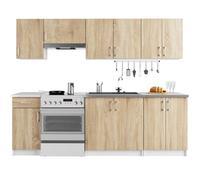 Conjunto de cocina akord lima 24m blanco 240 cm 11 puertas 1 cajón frente en color roble sonoma 12 estantes 240x44,5x203 cm