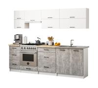 Conjunto de cocina akord oliwia g2 24m blanco 240 cm 10 puertas 6 cajones frente en color gris hormigón 9 estantes 240x46x203 cm