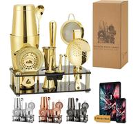Conjunto de coctelería Boston - Juego de 16 piezas de acero inoxidable con base de acrílico - Colador para cócteles - Pinzas para hielo - Cuchara - Medidor - Aplastador
