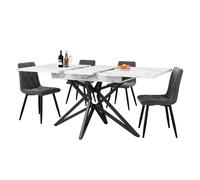 Conjunto de comedor 120/160x68 cm - mesa extensible con 4 sillas de terciopelo gris oscuro, patas negras - blanco