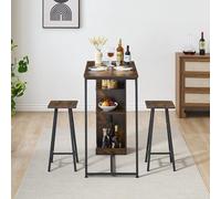 Conjunto de comedor compacto de 3 piezas con mesa alta y 2 taburetes, 3 estantes, estilo industrial, ideal para cocina, apartamento o espacios pequeños, con portavasos y acabado mármol, con cojín