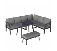 Conjunto de comedor de jardín 8 plazas - sofá esquinero, mesa de comedor y banco, reposabrazos y respaldo trenzados, estructura de acero galvanizado - gris