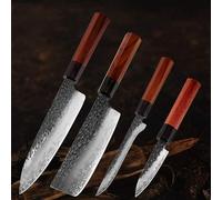 Conjunto de cuchillos de cocina de acero 440C, forjados a mano, afilados, para cortar, filetear, tipo Santoku. Incluye 4 piezas. (Color: 4 piezas)