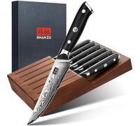 Conjunto de cuchillos para carne SHAN ZU, damasco, de 7 piezas, que incluye 6 cuchillos con filo dentado y un bloque