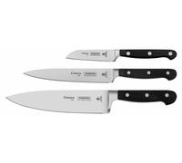 Conjunto de cuchillos Tramontina CENTURY, 3 piezas, que incluye: cuchillo para verduras, cuchillo de trinchar y cuchillo de cocina, fabricado en acero inoxidable, modelo 24099-037