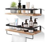 Conjunto de dos estantes colgantes de madera, con soporte para toallas, estantes flotantes y sistema de fijación a la pared. Ideal para baño, cocina, salón, oficina o dormitorio