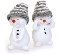 Conjunto de dos figuras de muñeco de nieve Famanu, de 11 cm, de cerámica, color blanco, con gorro de invierno gris