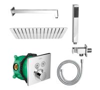 Conjunto de ducha Belvit con ducha de lluvia, ducha de mano y manguera de ducha, con termostato empotrado Hansgrohe ShowerSelect de diseño rectangular en cromo, que incluye el sistema iBox universal