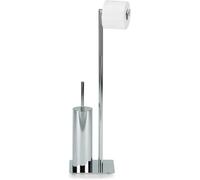 Conjunto de escobilla para inodoro Unyqoos®, de pie, con soporte integrado para papel higiénico: metal cromado, mango de acero inoxidable, recipiente de plástico desmontable, base antideslizante