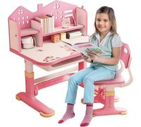 Conjunto de escritorio infantil, escritorio de estudio regulable en altura para niños, escritorio ergonómico para estudiantes con silla, panel trasero, soporte para libros, cajón, conjunto de mesa y s
