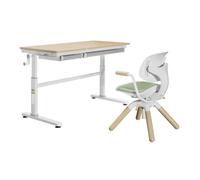 Conjunto de escritorio infantil HOKO, 120x60 cm, mesa con altura ajustable, 2 cajones y silla infantil con múltiples ajustes, diseño de madera/verde, modelos CELIN y LEVI