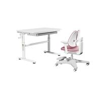 Conjunto de escritorio infantil HOKO, con altura ajustable, ideal para niños a partir de 6 años. Superficie de trabajo de 100x60 cm en color blanco, junto con una silla infantil morada. Marca: JANA &